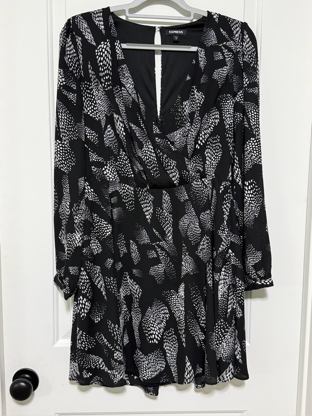 Express Black and White Long Sleeve Dress with Abstract Print